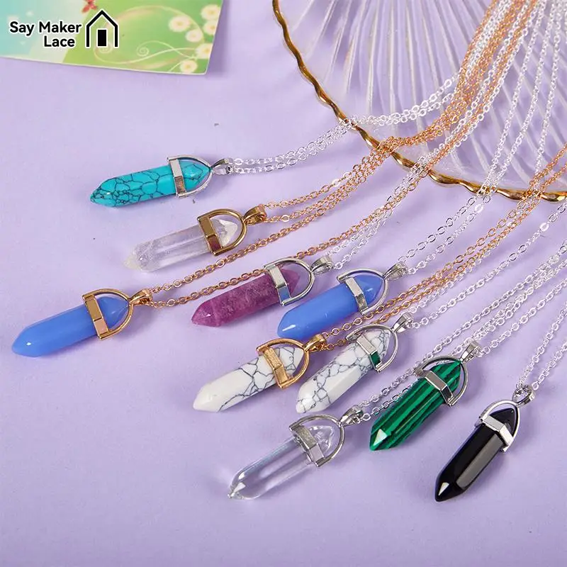 

1Pc Hexagonal Column Quartz Necklaces Pendants Fashion Natural Stone Bullet Pink Crystal Pendant Necklace For Women Jewelry