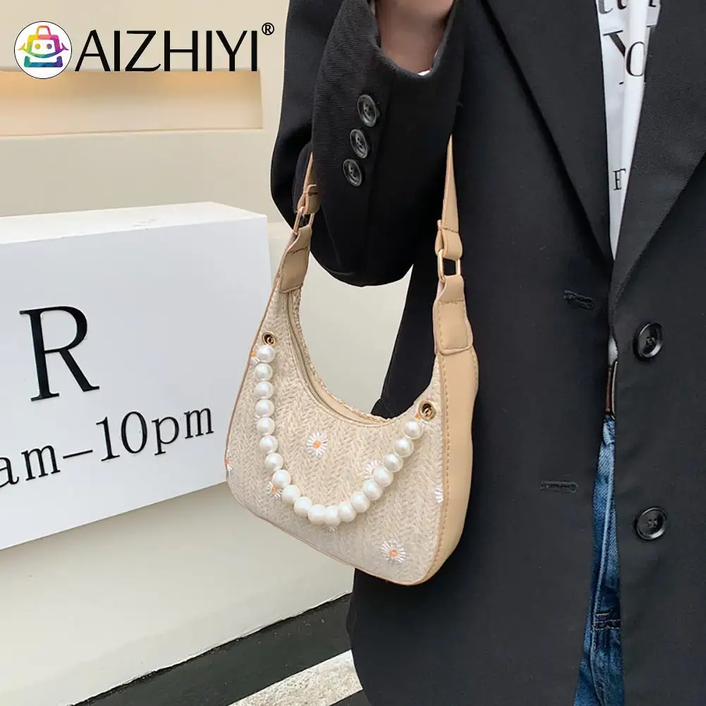 

Женская Соломенная Сумка-тоут из ПУ кожи, с жемчугом