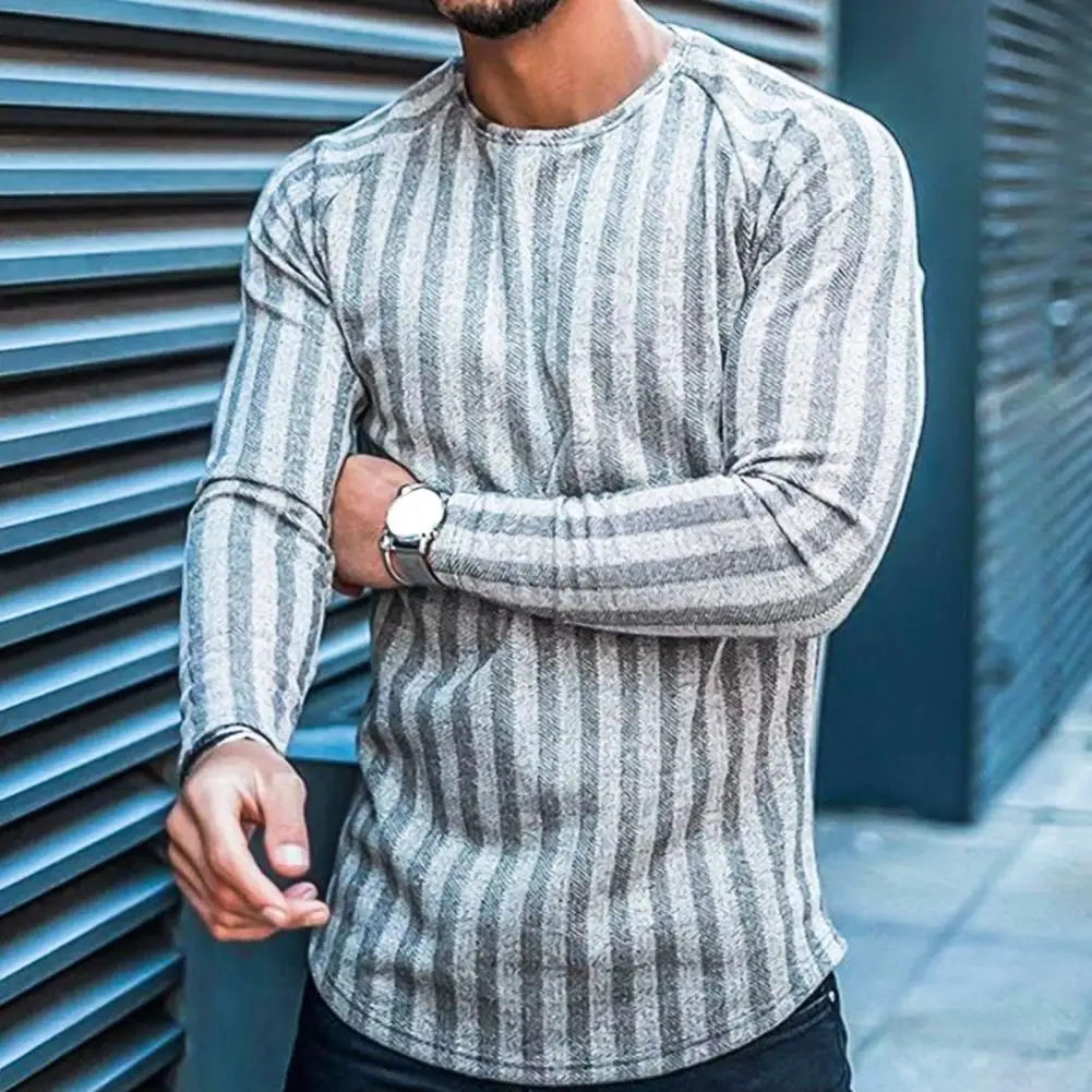 

Comfortable Autumn Men Autumn Stripe Plaid Print T-shirt for Travel
