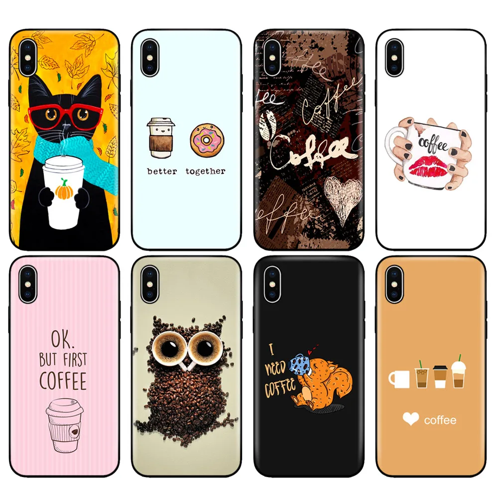 

Black tpu case for iphone 5 5s se 6 6s 7 8 plus x 10 case silicone cover for iphone XR XS 11 pro MAX case Coffee Art Cat