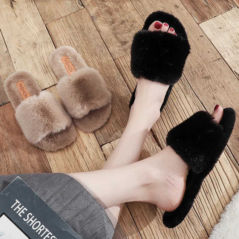 

Autumn Winter Open Toe Furry Fluffy Slippers Women Home Indoor Warm Thick-soled Slipper Fashion Cotton Slippers Zapatillas Mujer