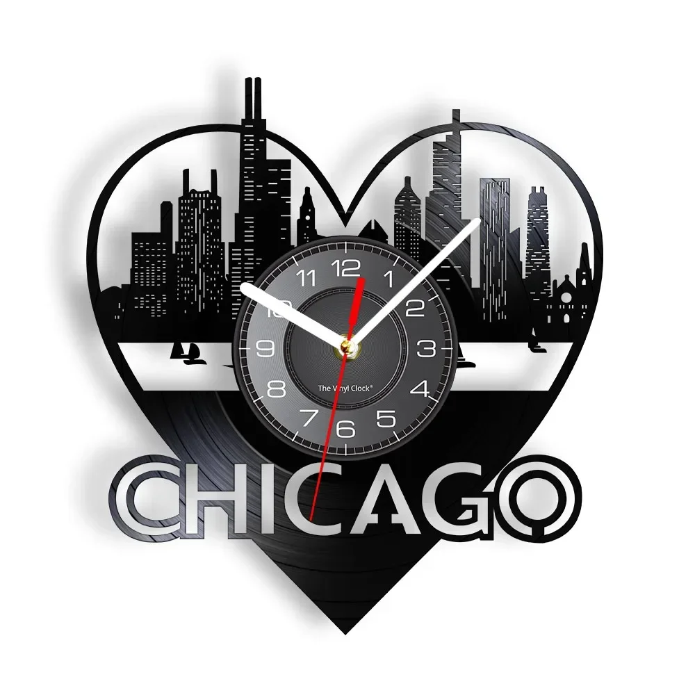 

Chicago City Architecture Wall Art Wall Clock Home Decor Chicago Skyline Cityscape Vinyl Record Wall Clock USA Travel Souvenir