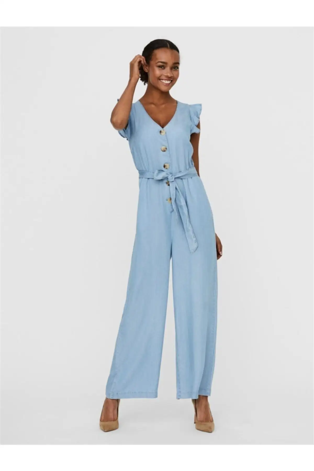 

Women's Overalls Blue Button Jumpsuit Hot Style Quality Fabric Sleeveless Baggy Trousers Casual Jumpsuit