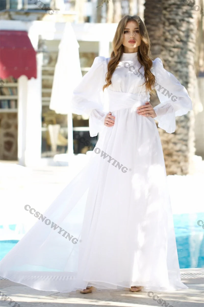 

Белое шифоновое платье-хиджаб, мусульманское вечернее платье с длинным рукавом, ТРАПЕЦИЕВИДНОЕ официальное платье, арабское женское плать...