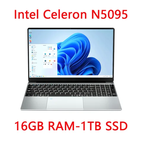 Ноутбук 15,6 дюйма, 16 ГБ, 512 ГБ, SSD, Windows 11, Intel Celeron N5095
