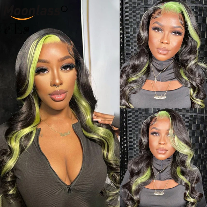 

Парик из натуральных волос с зеленой подсветкой, волнистые волосы, парик из бразильских человеческих волос с эффектом омбре, 30 дюймов, HD, Про...