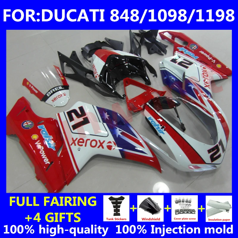 Новый набор полных пластиковых обшивок для мотоцикла ABS подходит для DUCATI 848 1098 1198 2007 2008 2009 2010 2011 2012 набор обшивки красный белый.