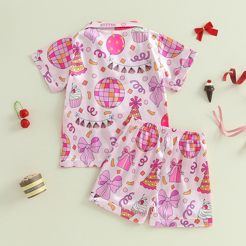 Пижамный комплект на день рождения для девочек торт с бантом и принтом топы