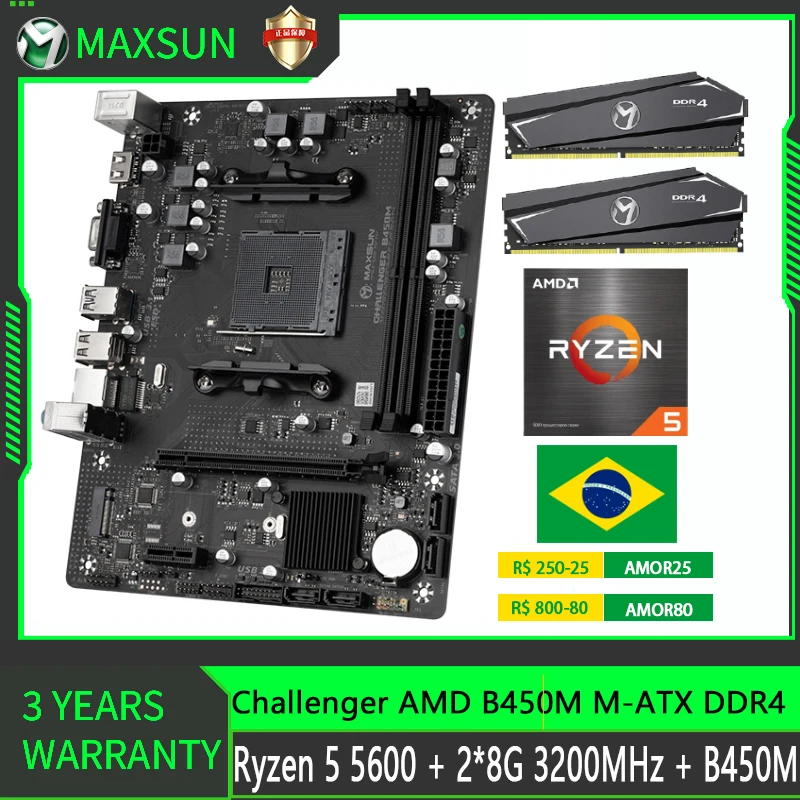 

Maxsun AMD B450M Motherboard Set With Ryzen 5 5600 DDR4 16GB(8GB*2) 3200MHz PCIE 3.0 Placa Mae AM4 Gaming Desktop Mainboard Ket