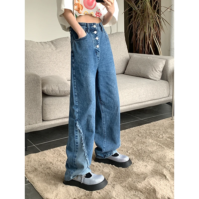 Синие винтажные женские джинсы с высокой талией модная уличная одежда