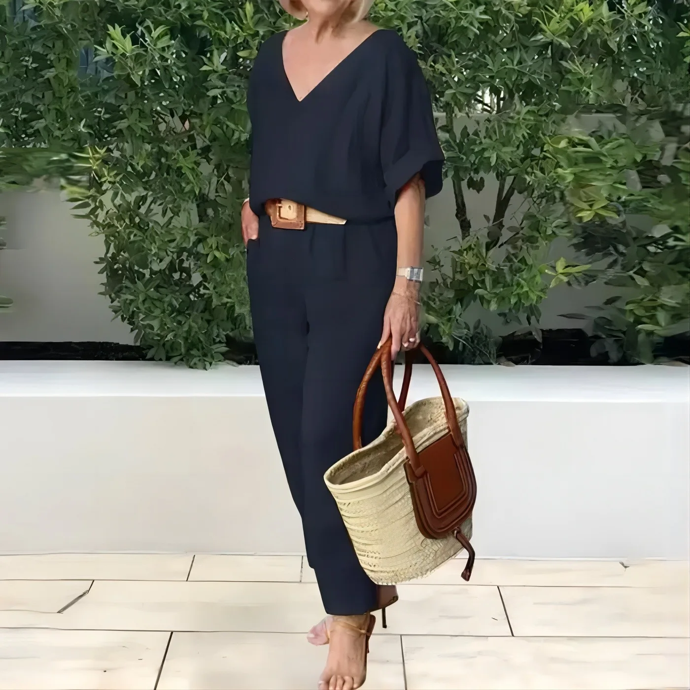 Женский свободный костюм из 2 предметов повседневный разноцветный хлопка и льна