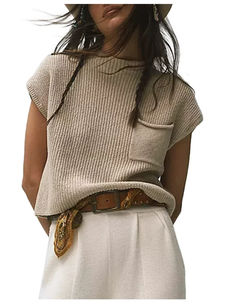 

Женский Однотонный свитер, элегантный повседневный модный офисный пуловер без рукавов с карманами, вязаный Топ, Новинка осени-зимы 2023