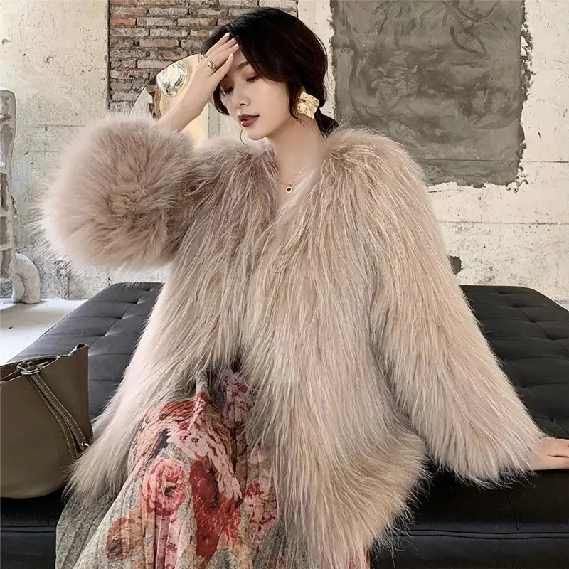 

2023Autumn Winter New Jacket Fashion Raccoon Fur Woven Fur Coat Women's Middle Long Overwear Mao Mao Fur Jackets Female Tide Top