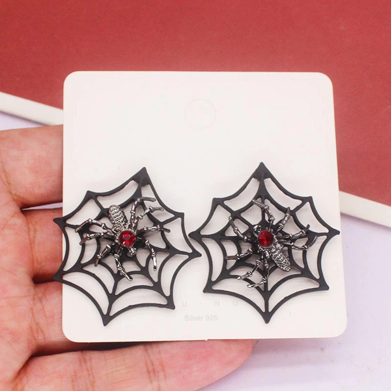 New Punk Red Crystal Bat Spider Web Stud Earrings For Women Men Silver Color Party Gift Wholesales