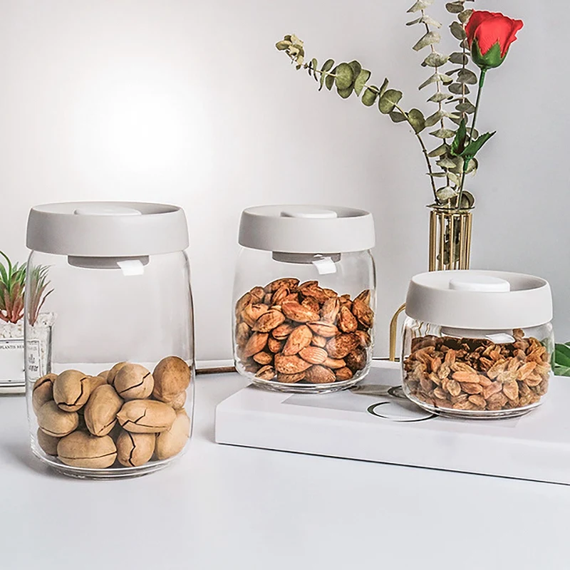 

Seal Kitchen Storage Jar Set, Glass Jars With Vacuum Lid Glass Containers For Snacks, Coffee, Nuts 3-Jar Set