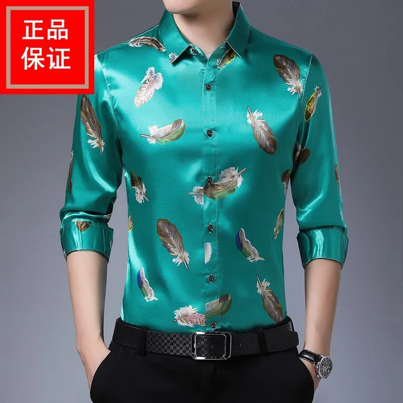 

2022 Men's Mulberry Silk Casual Long-Sleeved Shirt Spring Thin Satin Feather Printed Shirt