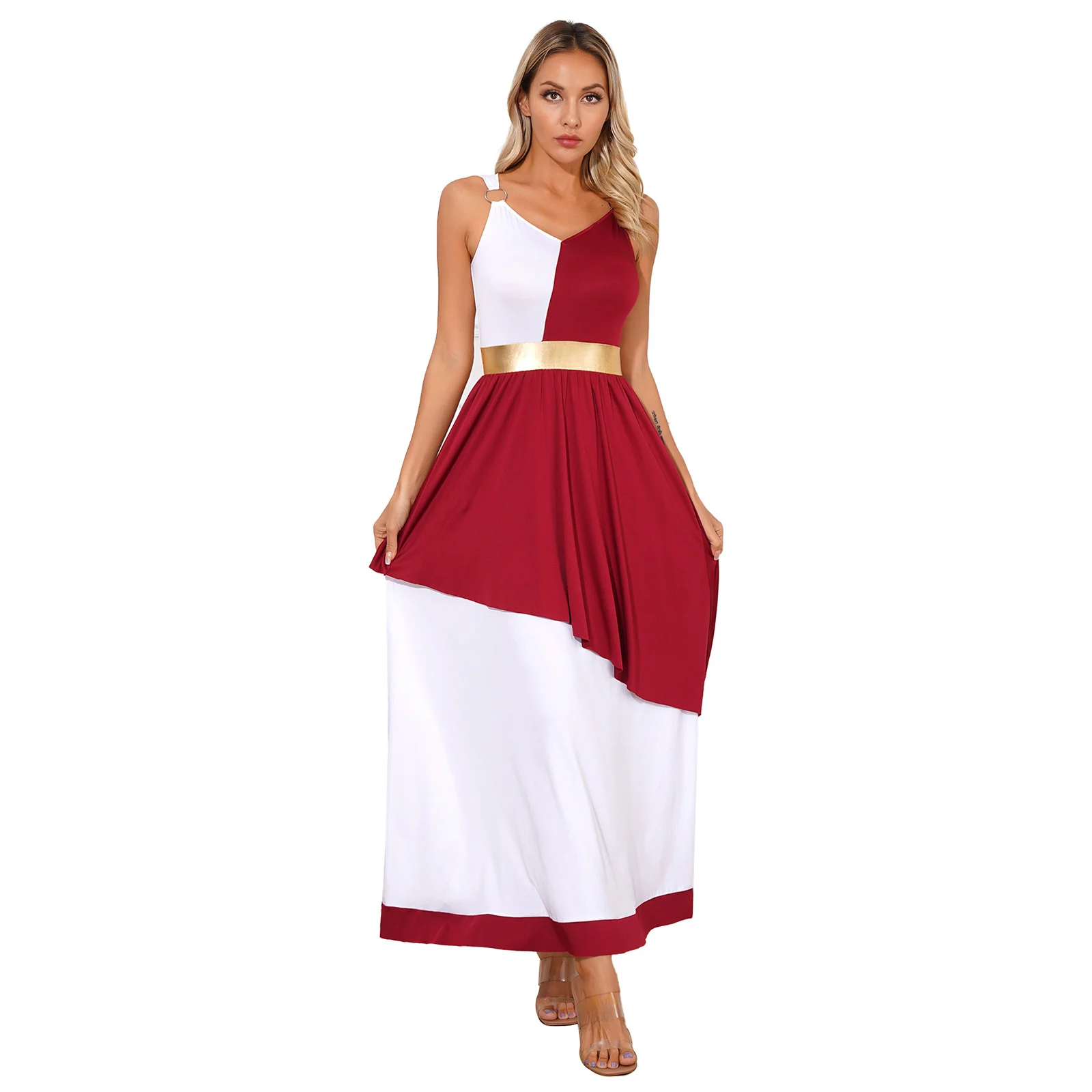 

2023 Halloween Womens Ancient Greek Dress-up Toga O-Ring Sleeveless Patchwork Tiered Maxi Dress Roman Empress Cosplay Costumes