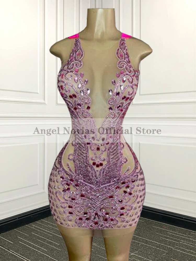 

Sexy Glitter Sheer Scoop Neckline Women Beaded Prom Dresses 2022 Pink Crystals Black Girls Short Birthday Party Gowns