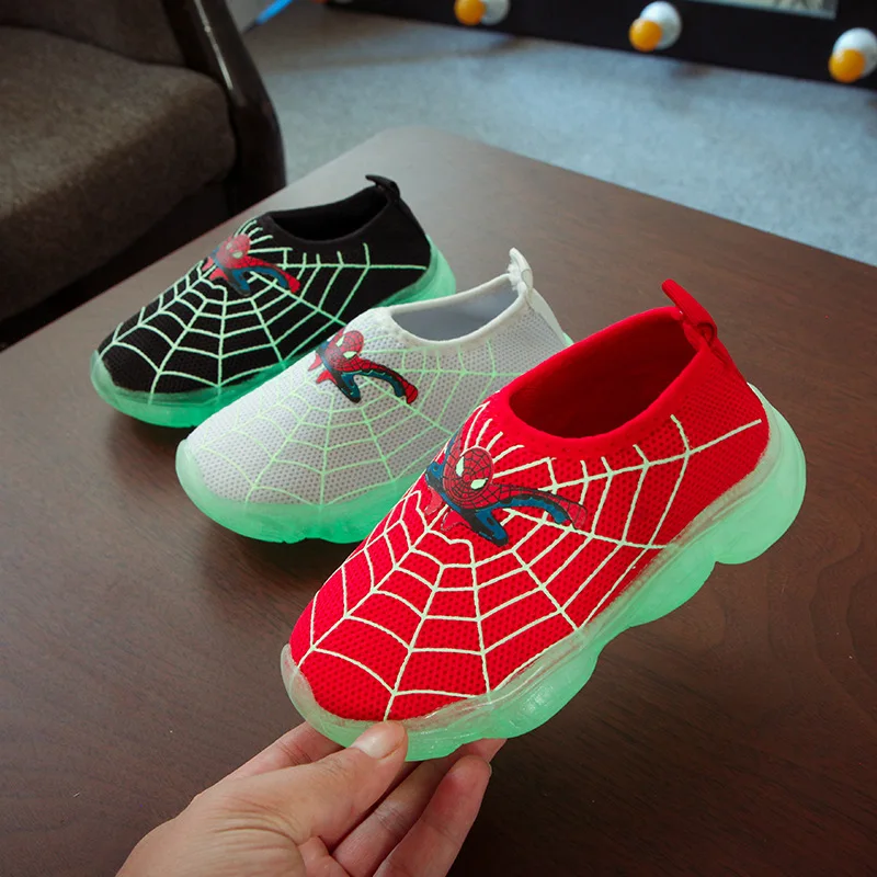 Disney Spiderman Children Casual Shoes Baby Girls Boys Shoes LED Lighted Kid White Red Comfortable Sneakers Knitted Tennis Shoes