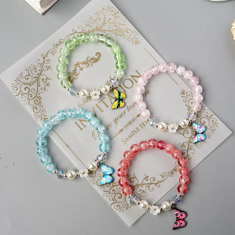 

Imitation Pearl Butterfly Flower Popcorn Crystal Beads Bracelet For Women Elastic Adjustable Charm Bracelet Friendship Jewelry