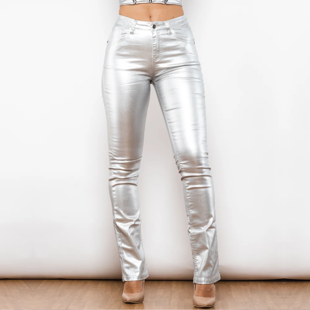 Shascullfites Melody Silver Super Stretchy Metallic Flared Pants Top Quality Wet Look Coated And Waxed Flared Pants