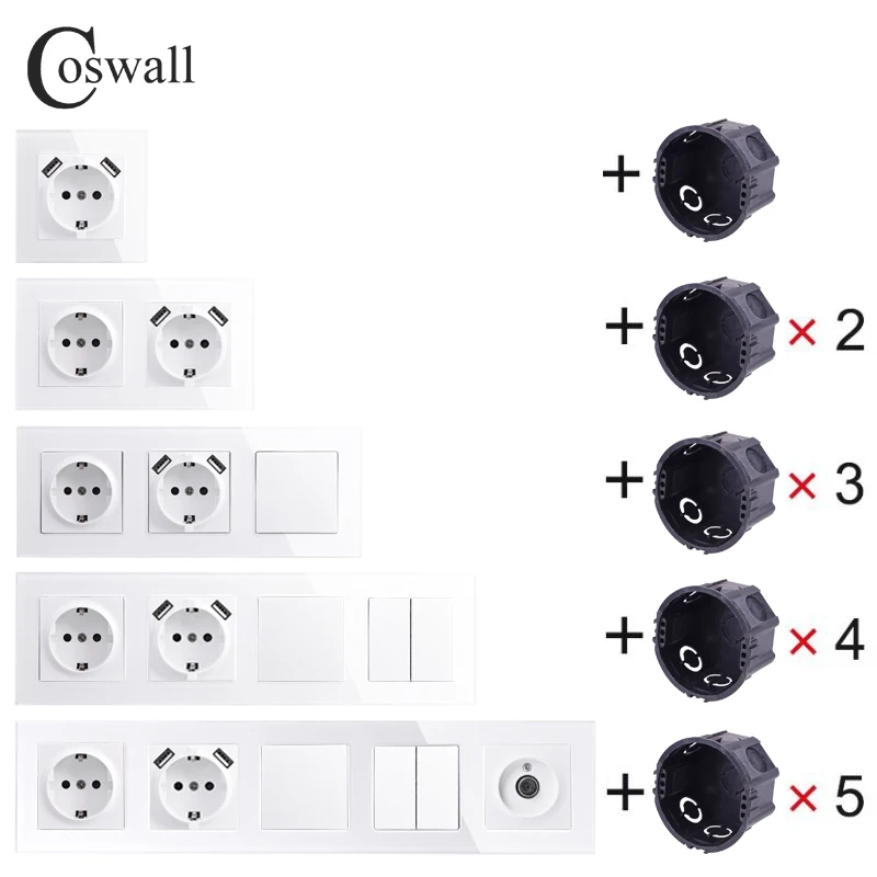Настенный выключатель света с белой стеклянной панелью COSWALL серии D1 розетка