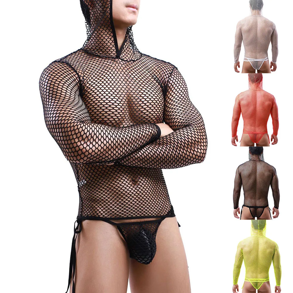 

Men Breathable Tank Tops Hooded Vest Large Mesh Long-Sleeved Club See-through Fishnet Pullover Sexy Home Clothes Gym Costumes