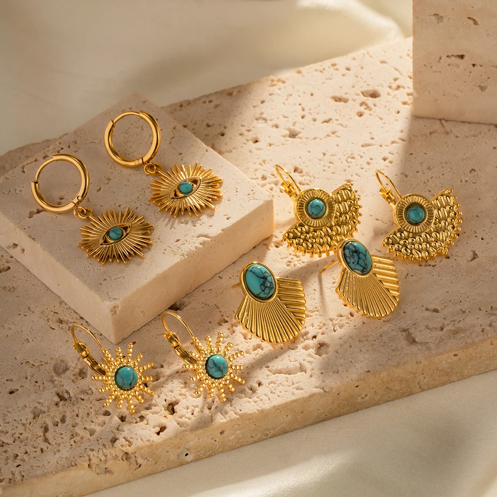 

Luxury Vintage Stainless Steel Natural Stone Drop Earrings Set For Women Classic Turquoise Pendant Jewelry Gift Pendientes Mujer