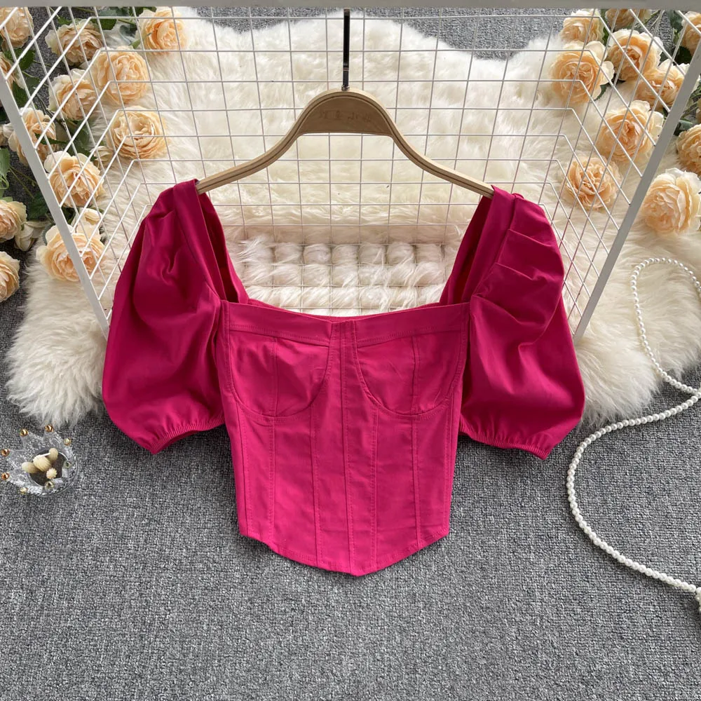 

Solid Square Collar Women Blouse Summer 2022 Puff Sleeved Short Empired Female Pulls Outwear Tops