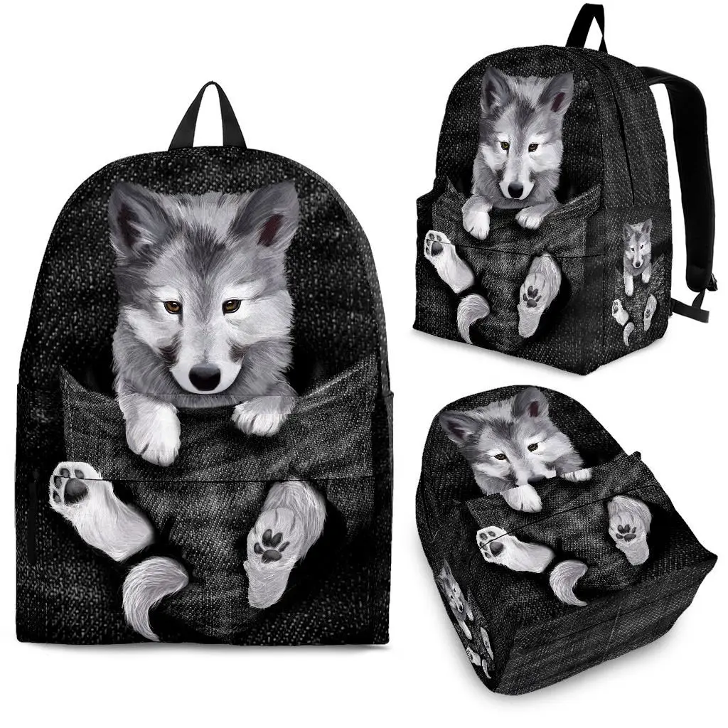 

YIKELUO Black 3D Wolf Cub Backpack Comfortable Adjustable Shoulder Strap Student Textbook Bag Durable Animal Leisure Bag