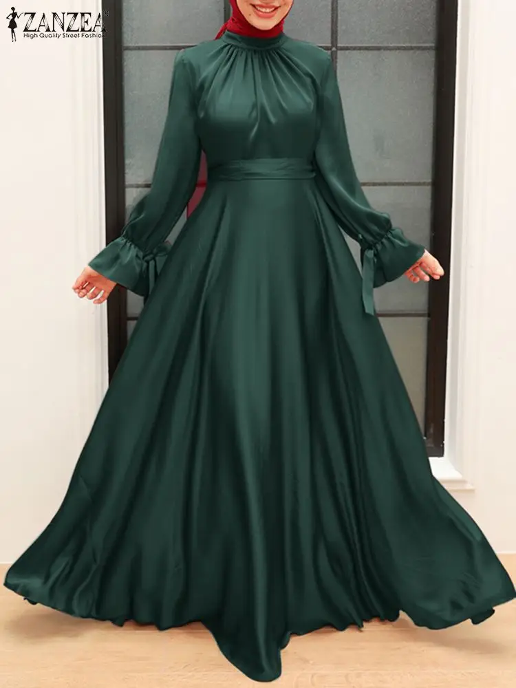 

ZANZEA Flare Sleeve O-Neck Solid Abaya Kaftan Sundress Spring Muslim Women Dress Femme Elegant Fashion Casual Long Robe 2022