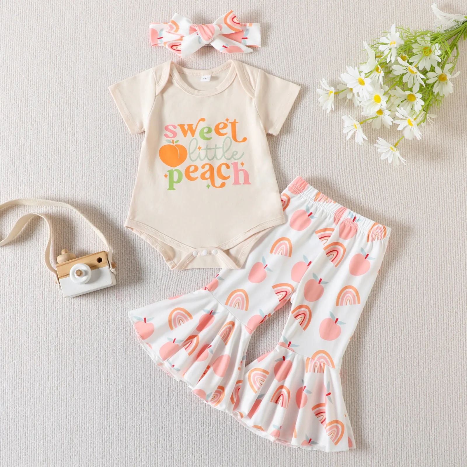 

Newborn Infant Girls Short Sleeve Romper Bodysuit Peach Prints Bell Bottoms Pants Headbands 3Pcs Sets Girls New born Outfits