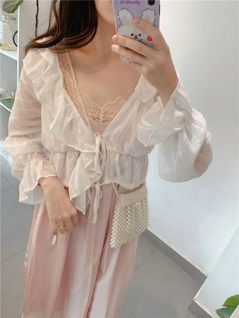 

2022 new design sense of minority Korean Chiffon Top lotus leaf edge long sleeve lace up slightly transparent versatile blouse