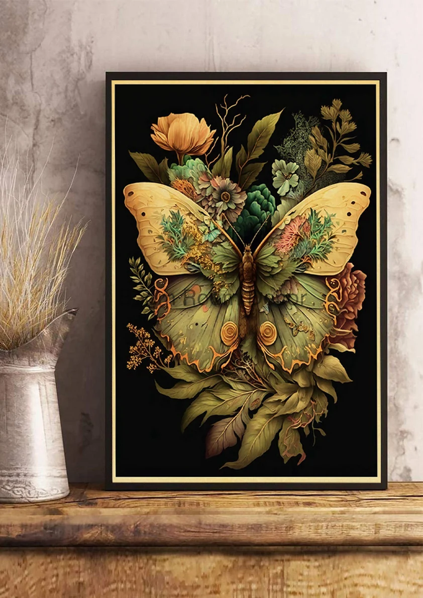 

Картина с цветами и птицами на крафтовой бумаге