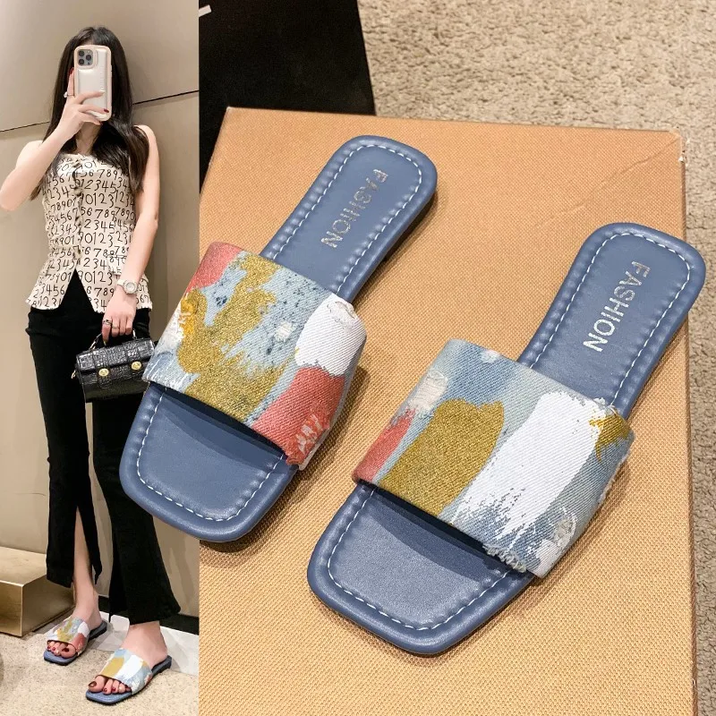 

Square Toe Slippers Women Summer Ladies Shoes Outdoor Slides Mixed Colors Slipper Beach Flats Comfortable 2023 Pantuflas Mujer