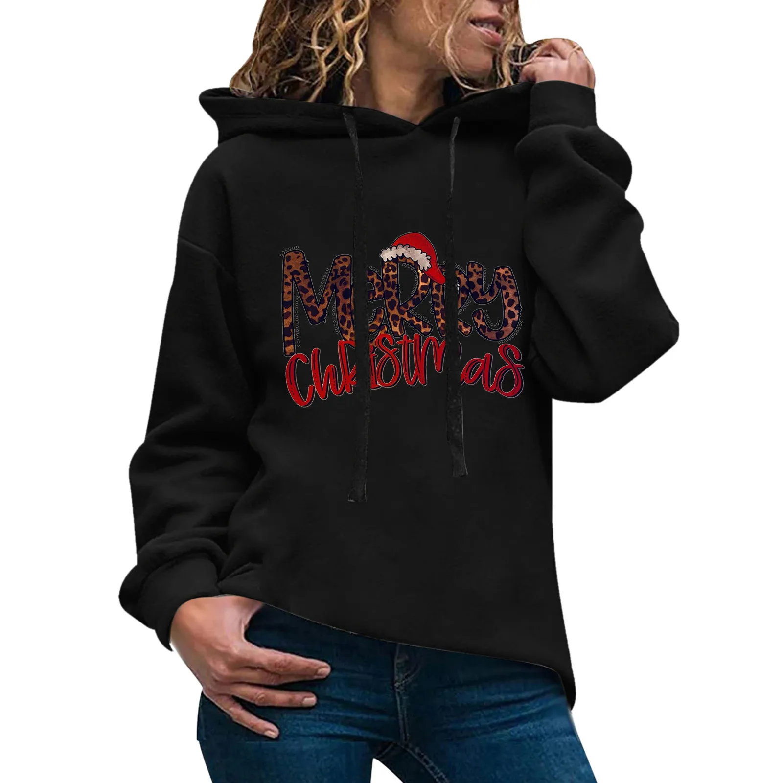 

Женская Повседневная Толстовка с рождественским принтом, однотонная Толстовка с длинным рукавом, свитшот с карманами