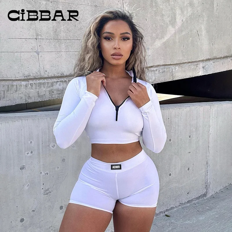 

Спортивные костюмы CIBBAR для бега, женские обтягивающие топы на молнии для фитнеса и шорты с высокой талией и надписью, костюм для йоги, спорти...