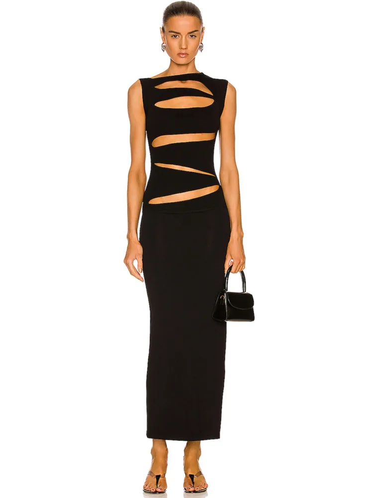 

Women Sexy Designer Black Bandage Dress 2022 Elegant Celebrity Chic Hollow Out Long Ankle Length Bodycon Party Dress Vestidos