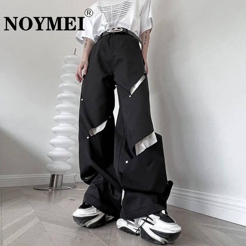

NOYMEI Stitching Color Rivet Men's Ripped Casual Pants Korean Fashion Male Hollow Out Wide Leg Trousers Autumn 2023 New WA2710