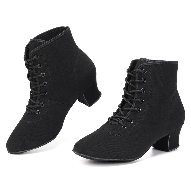 Women's Ballroom Dancing Shoes Stretch Fabric High-Top Latin Dance Shoes for Girl Black Red 3.5/5 CM Heel  Suede and Rubber Sole