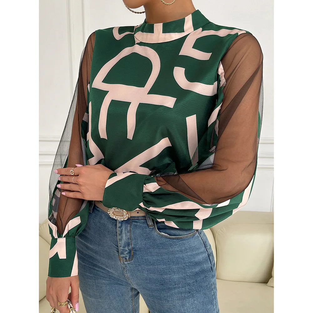 

Summer Women O-neck Shirt Geometric Pattern Print Long Sleeved Patchwork Gauze Temperament Casual Short Tees Tops Women Clothing