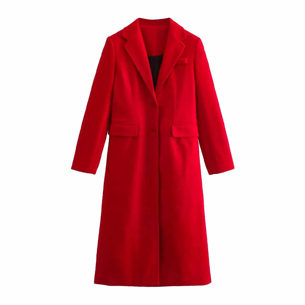 

TRAF WOMEN 2022 Fall/Winter New Slim Wool Blend Coat Temperament Pocket Fashion Solid Color Female Chic Long Overcoat 8641744