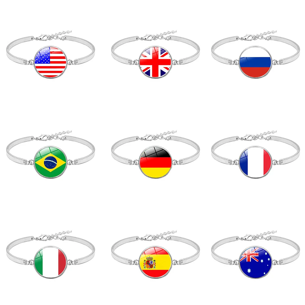 

Russia Flag Bangle for Men Women Glass Cabochon USA France Brazil Italy Spain National Flag Chain Bracelets Jewelry Lovers Gift