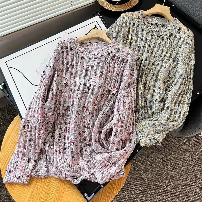 

MOYATIIY 2023 New Women Sweater Hollow Out Spring Thin Sweaters Pullovers Loose Long Sleeve Female Pullovers Tops