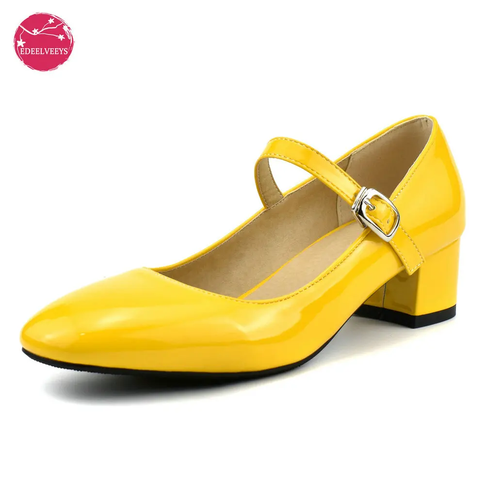 

Womens Classic Mary Jane Mid Chunky Heels Shoes Patent Leather Handmade Ankle Strap for Ladies Closed Toe Pump Max Size 48