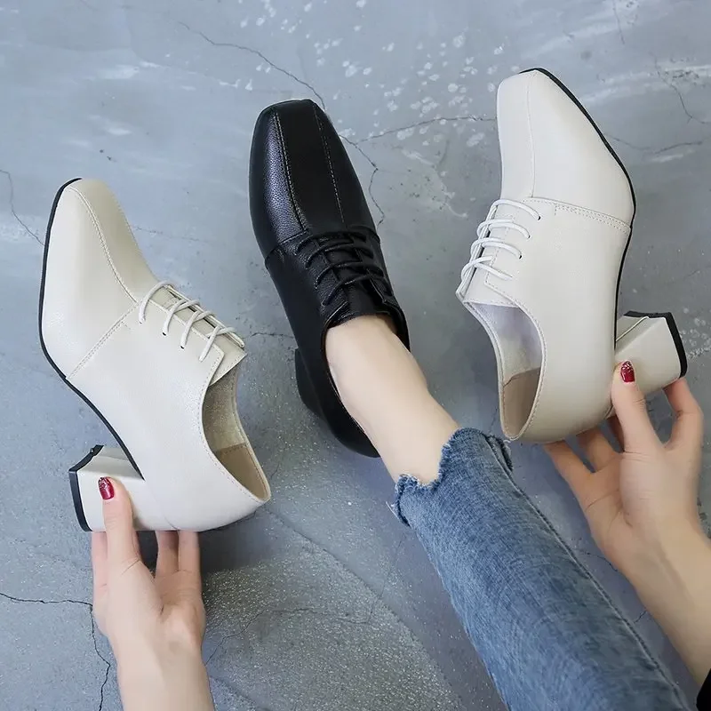 Женские кожаные туфли на высоком каблуке из мягкой кожи в британском ретро-стиле