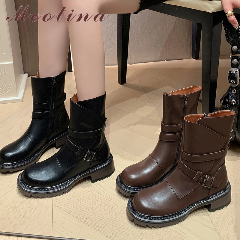 

Женские ботильоны из натуральной кожи Meotina, полусапожки на платформе и толстом среднем каблуке, с круглым носком, на молнии, с пряжкой, Осень-зима