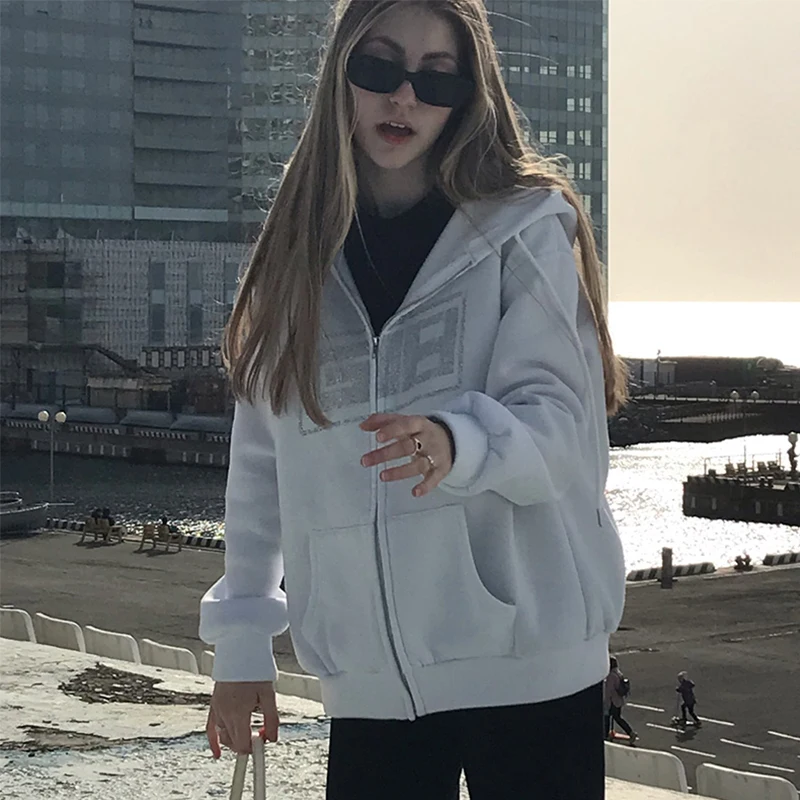 

Женская свободная толстовка Y2K в готическом стиле с круглым вырезом и надписью стразы, корейская мода, куртка на молнии с длинным рукавом, По...