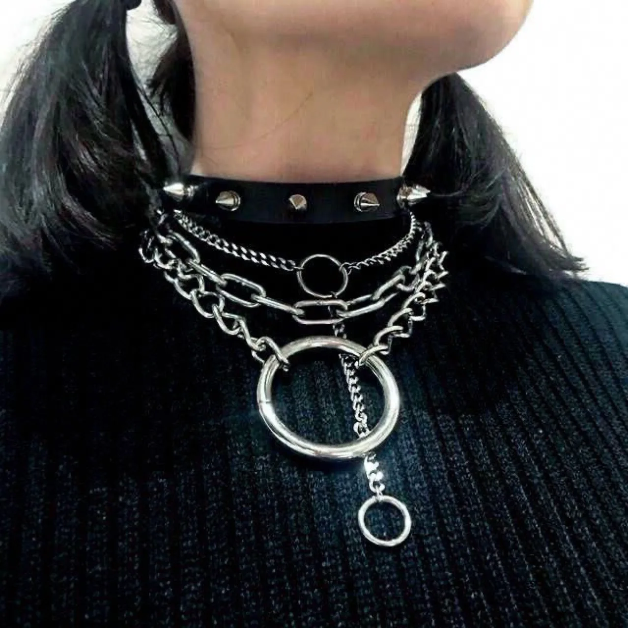 

Sweet Cool Chain Tassel Gothic Choker Leather Necklace Dark Punk Style Metal Ring Rivet Necklace Silver Metal Fashion Hip-Hop