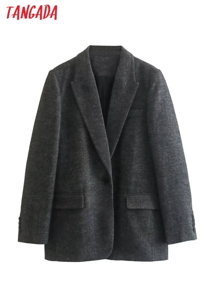 

Tangada Women Gray Thick Blazer Coat Vintage Long Sleeve Flap Pockets Female Suit AB134